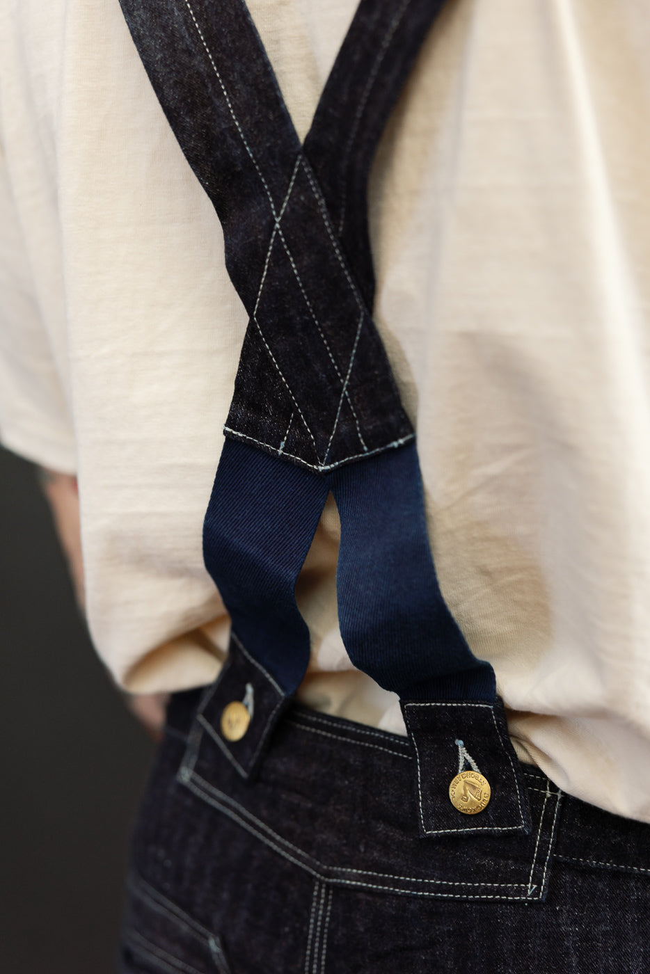 Close-up of male model's back showing dark denim suspenders with white stitching and brass buttons