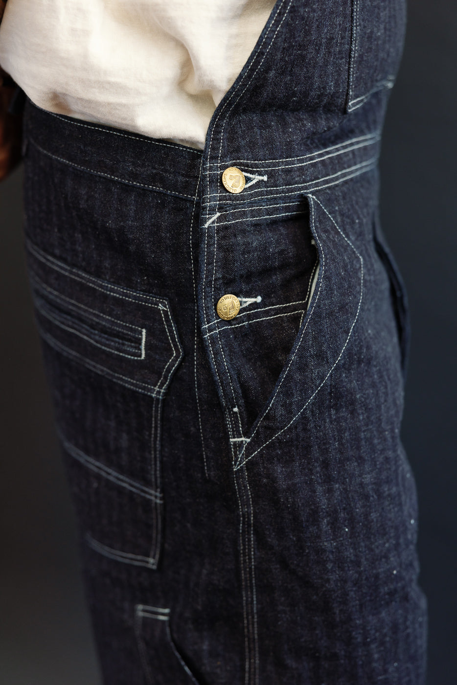 Close-up of male model's front denim overalls with gold buttons, white stitching, and textured fabric.