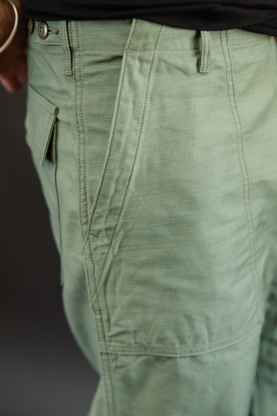 Close-up front view of olive green cargo shorts on male model, showing side pocket, button, and stitch details