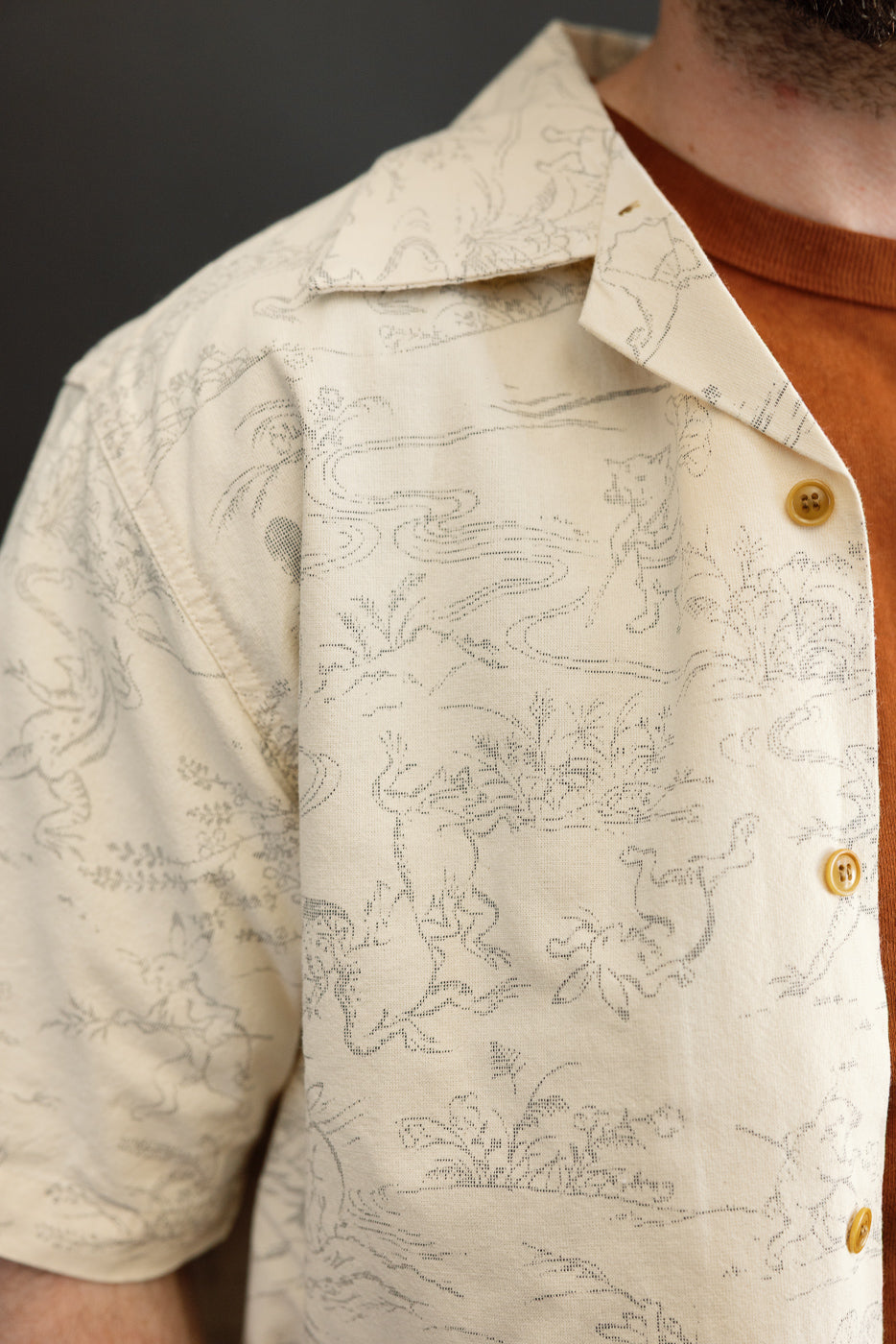 Close-up front view of male model wearing cream shirt with animal print, button details, and collar.