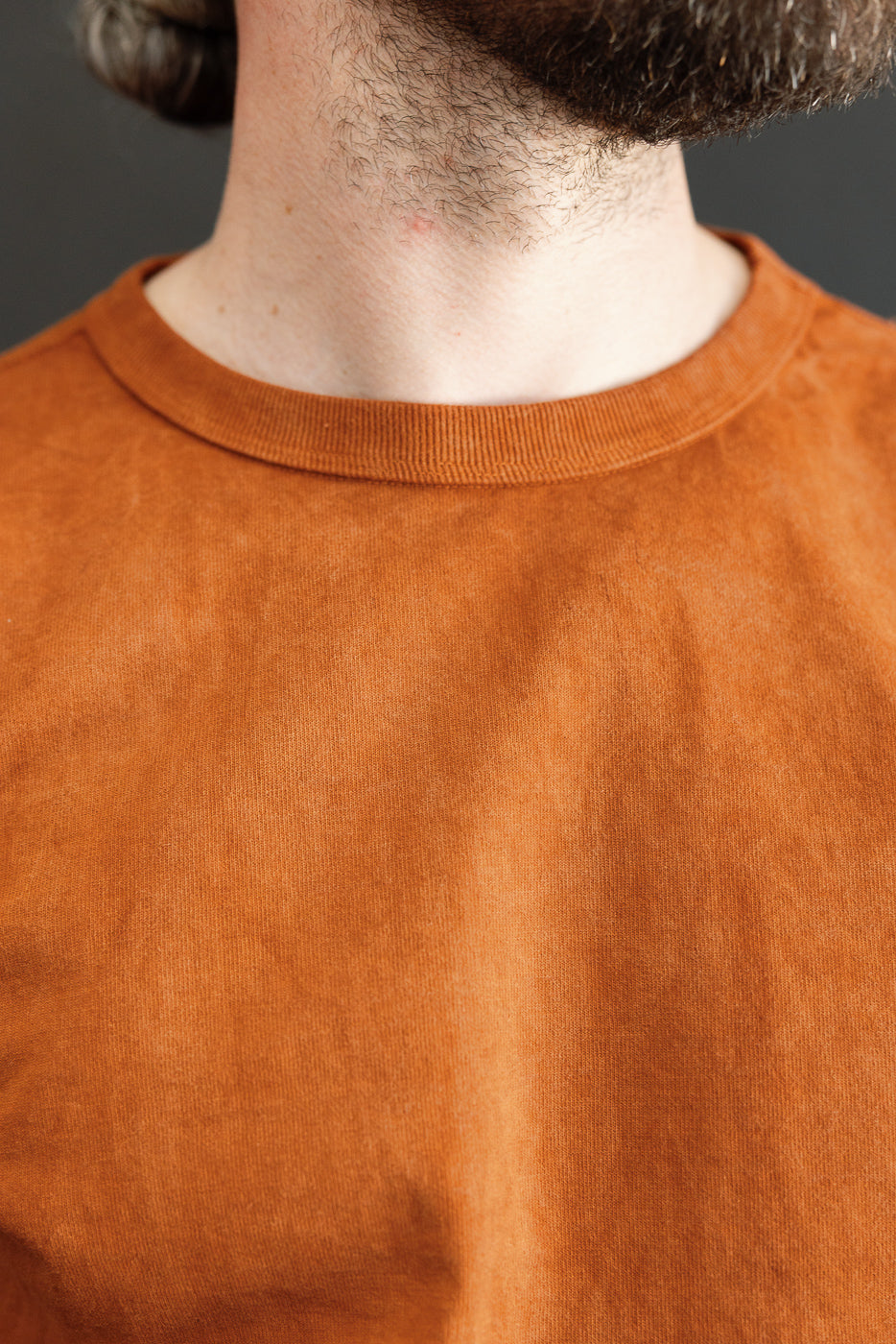 Close-up front view of rust-colored crew neck tee, showcasing ribbed collar and fabric texture on male model.