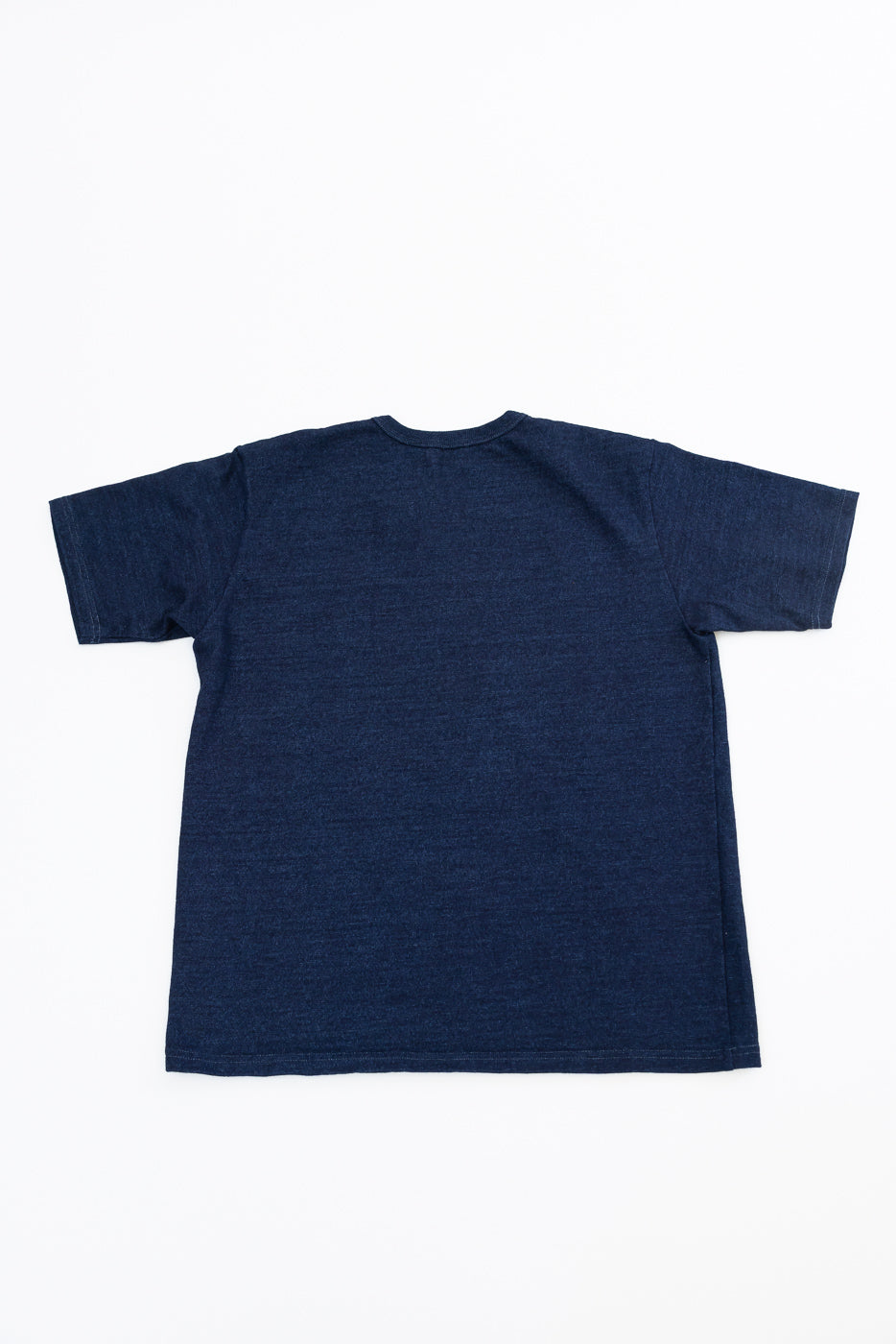Back view of navy blue short-sleeve t-shirt, flat lay, showcasing hem and fabric texture