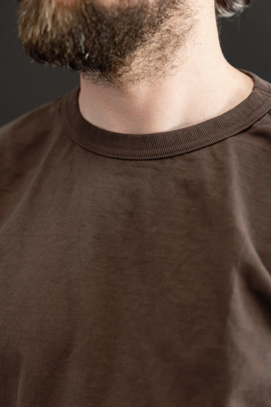 Close-up front view of male model wearing brown crew neck tee, showing ribbed collar and fabric texture