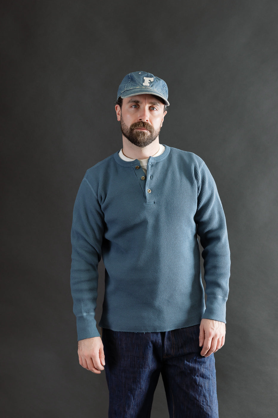 Studio D’Artisan 9937 heavy thermal blue henley, front view, on 5'9