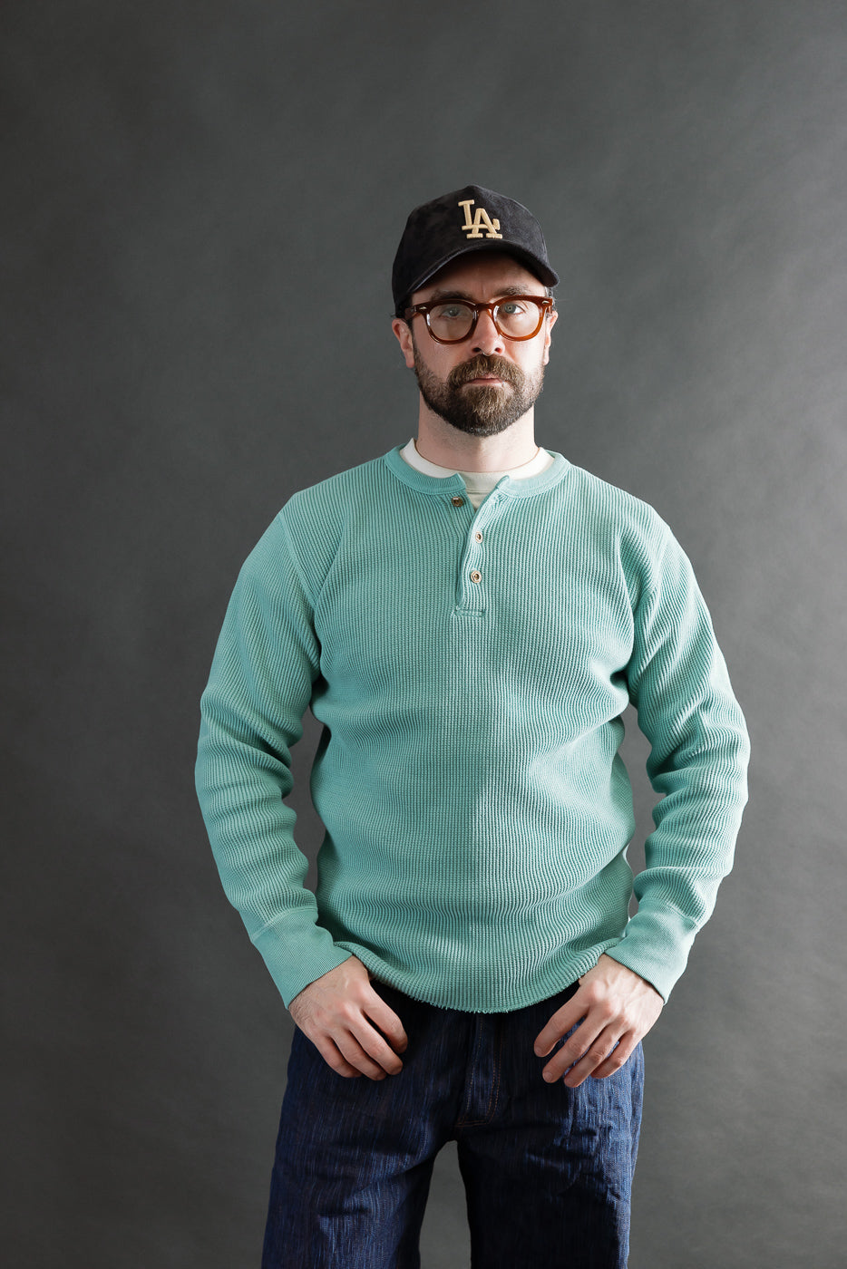 最終お値下げ‼️L'Appartemen Thermal Knit 9937 - Heavy Thermal Long Sleeve Henley - Emerald | Dant