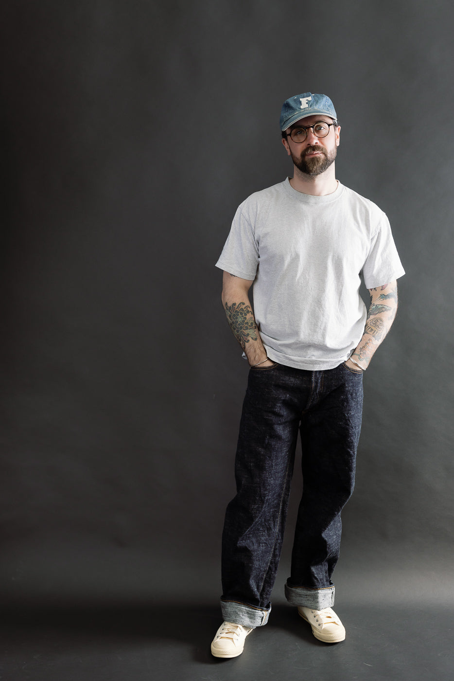 Full body front view of male model 5'9