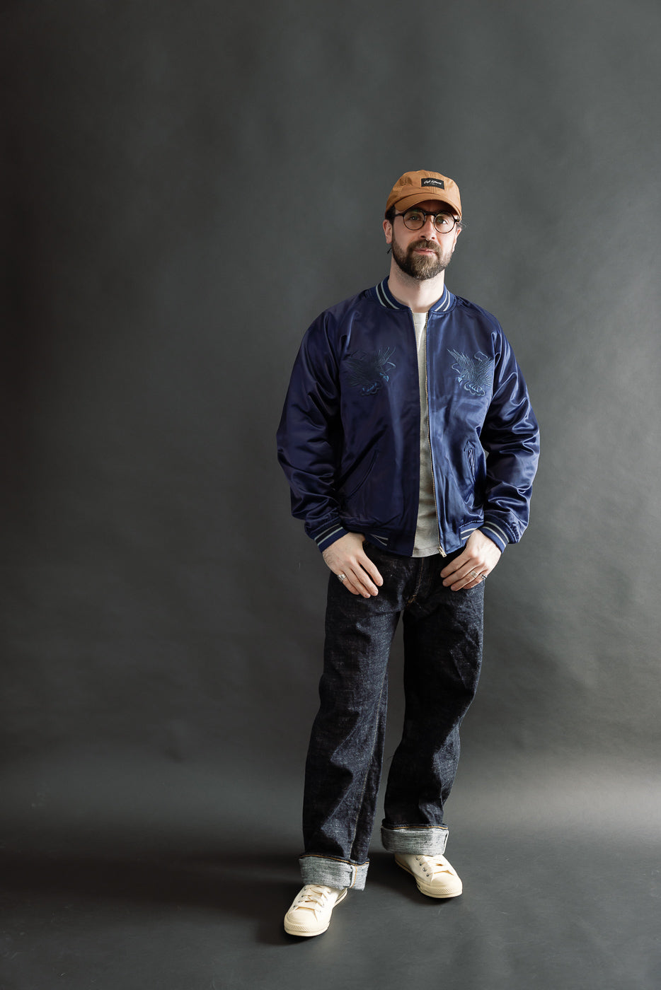 Full body front view of male model, 5'9