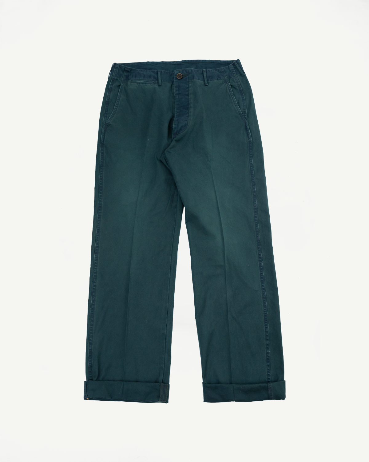 Flat lay front view of dark green casual pants with cuffed hems, side seams, and button fly