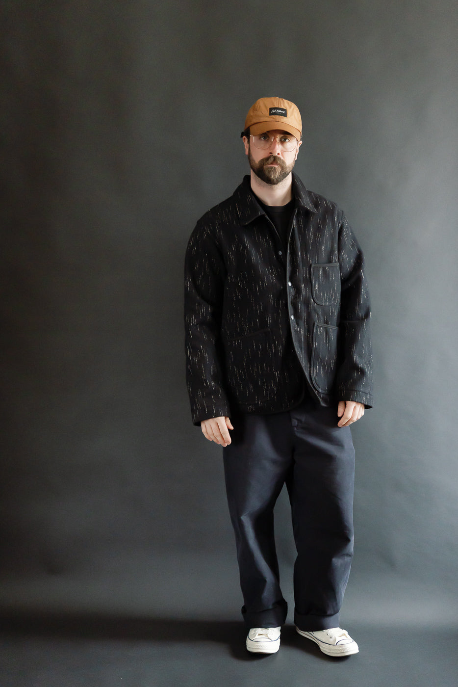 Full body front view of male model 5'9