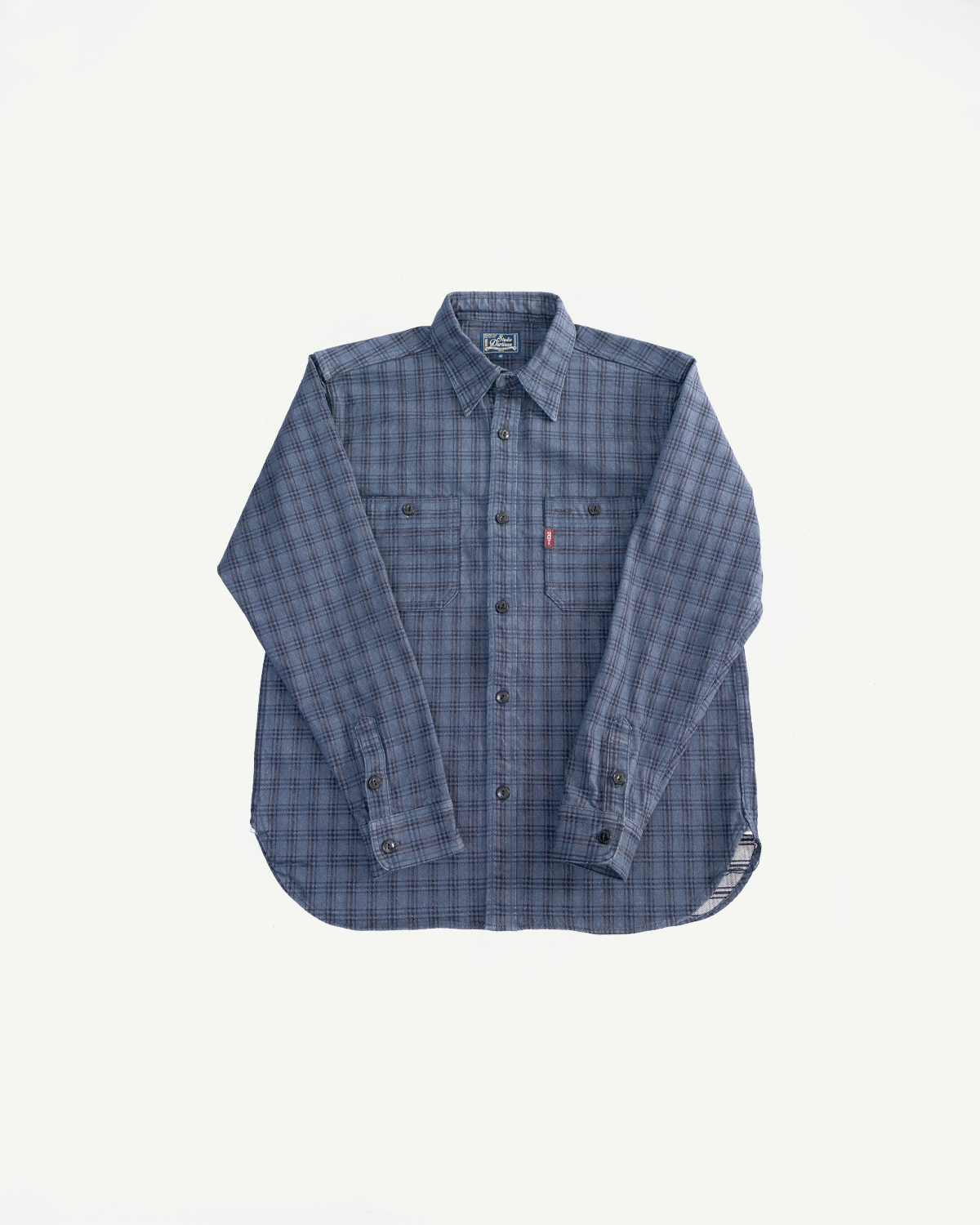 Flat lay front view of Studio D’Artisan 13oz jacquard check navy work shirt, buttoned, showing chest pockets and collar details.