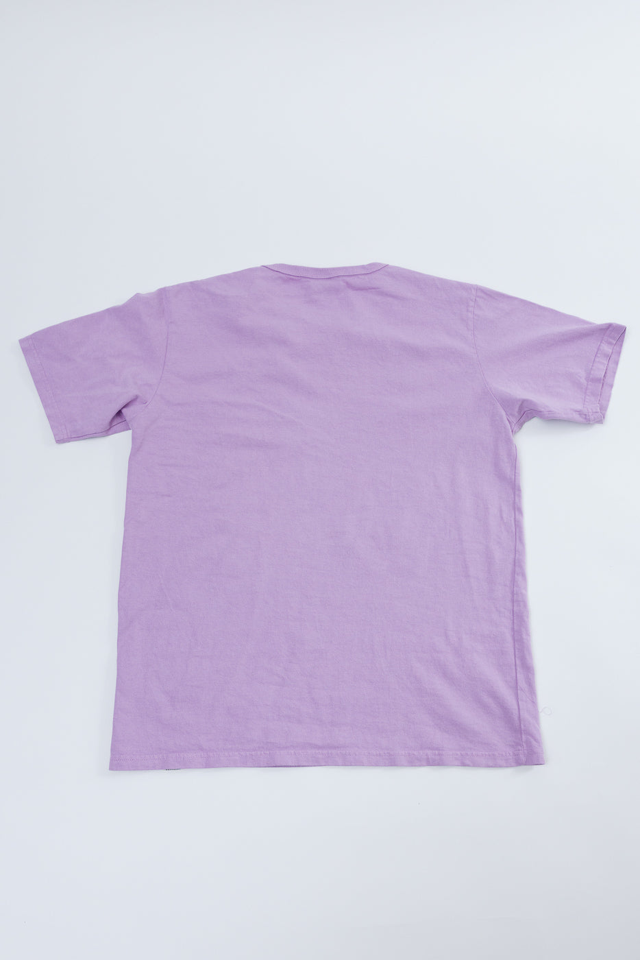 Lavender t-shirt back view, flat lay, short sleeves, ribbed crew neck, clean hem