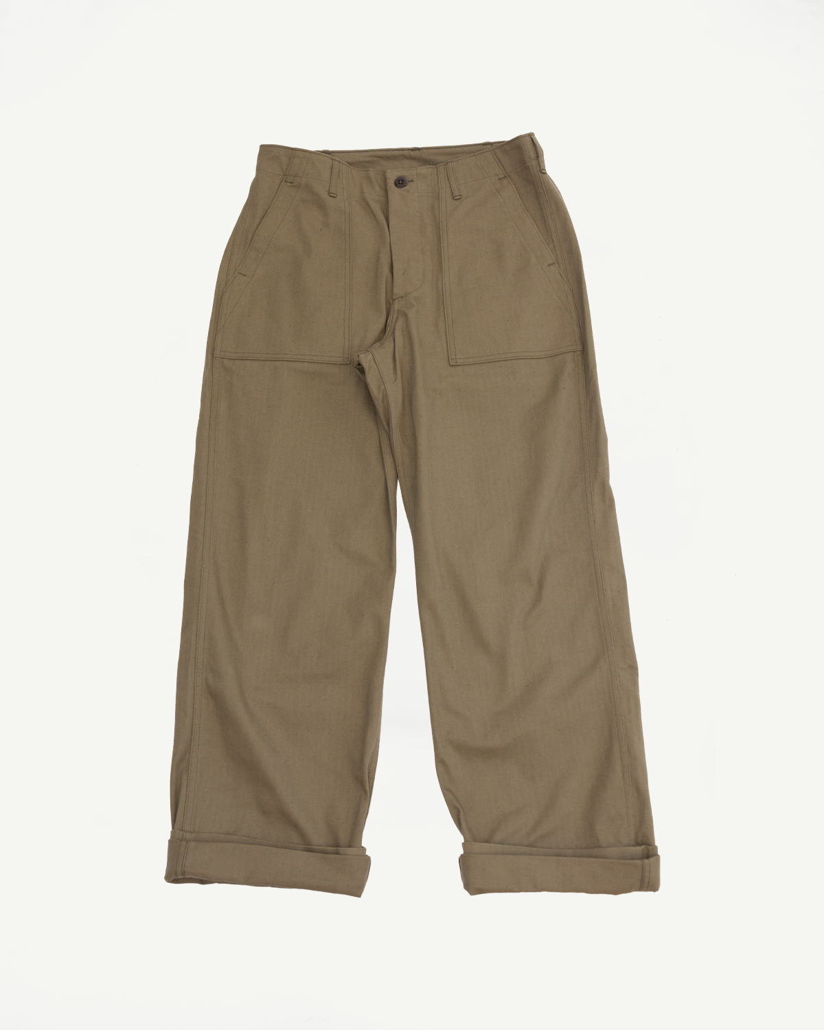 Front view flat lay of olive cargo pants with button fly, flap pockets, and cuffed hems