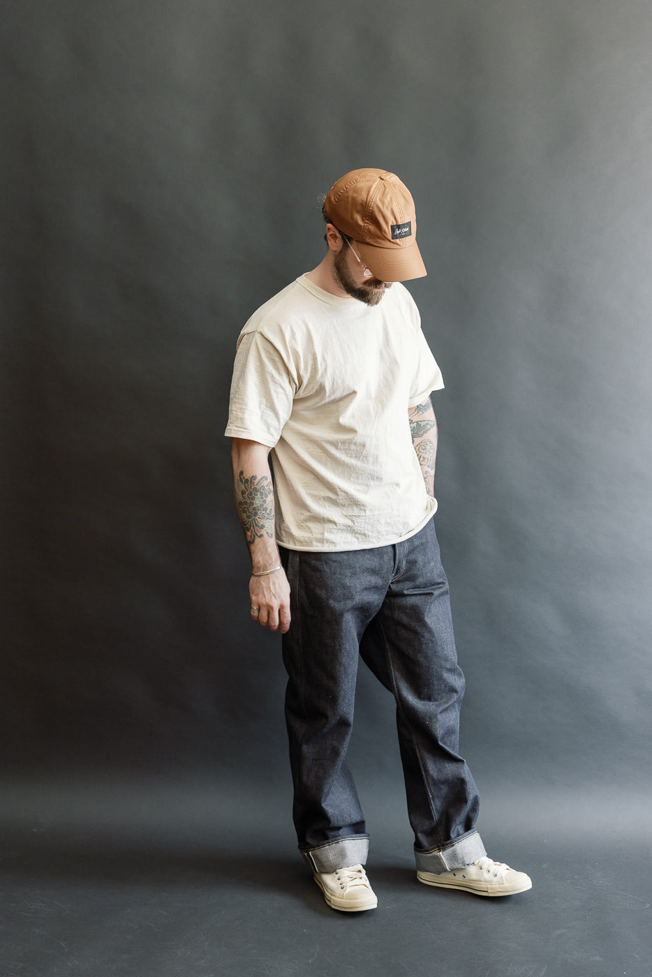 Full body front view of male model, 5'9
