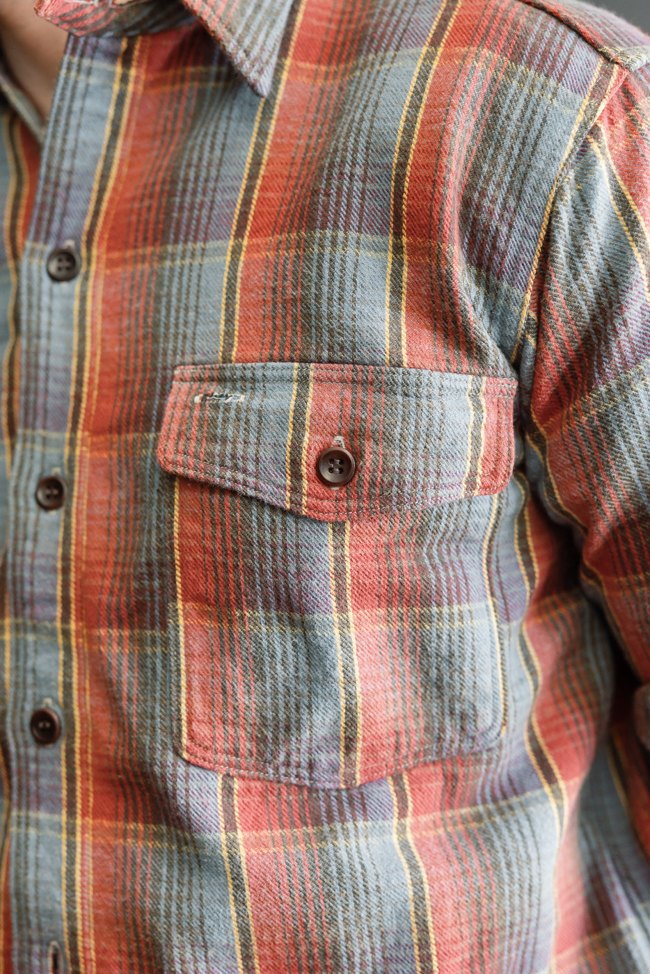 Close-up of the Lot 3022 - Flannel Shirt w/ Chinstrap G Pattern - Red, Navy, highlighting the buttoned chest pocket and detailed button-down placket, reflecting vintage American workwear craftsmanship.