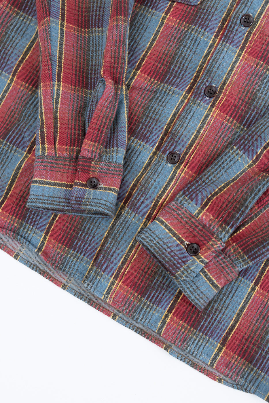 Lot 3022 - Flannel Shirt w/ Chinstrap G Pattern - Red, Navy, featuring a detailed close-up of the plaid pattern, cuffed sleeve with black buttons, and hem, showcasing premium heritage-inspired craftsmanship.