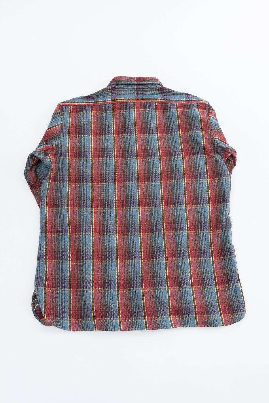 Warehouse & Co. Lot 3022 Flannel Shirt w/ Chinstrap G Pattern displayed flat, showcasing the red and blue plaid with yellow-green accents, and detailed collar and gussets on a white background.