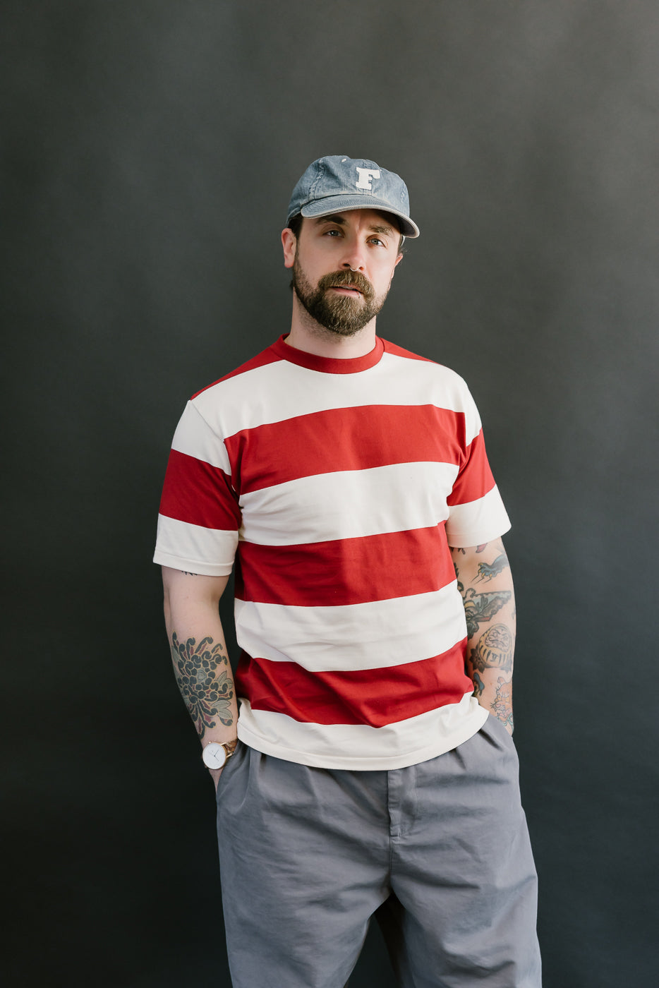 Lot 4108 - Border T-Shirt 4 Inch Stripe  - Bordeaux, Kinari