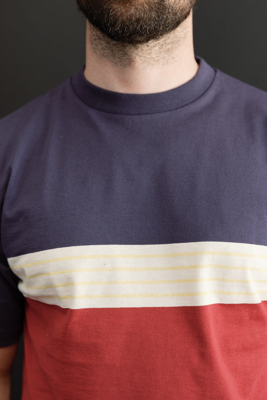 Close-up front view of a navy, cream, and red color-block crewneck t-shirt on a male model.