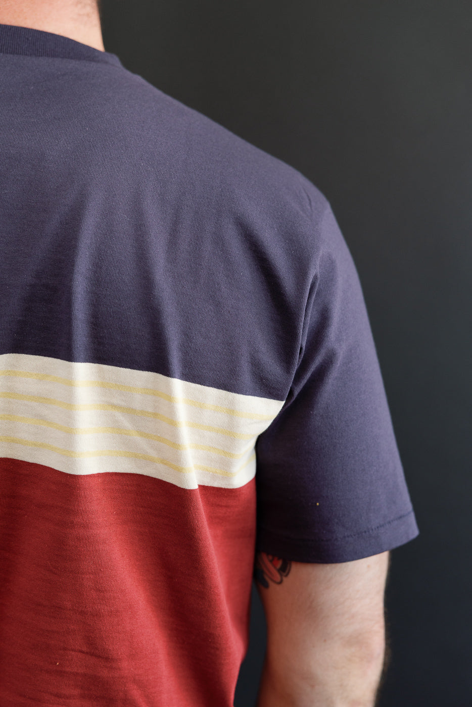 Close-up back view of a male model's navy, cream, and red colorblock t-shirt showing fabric texture.