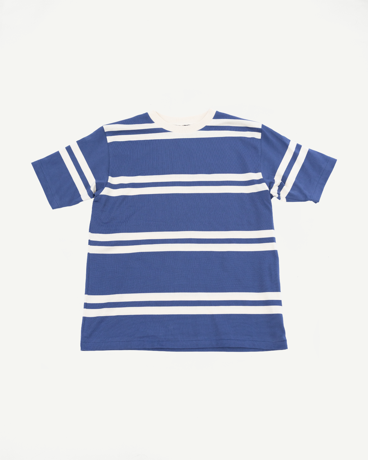 Front view of blue and white striped short-sleeve t-shirt, ribbed texture, crew neck, flat lay