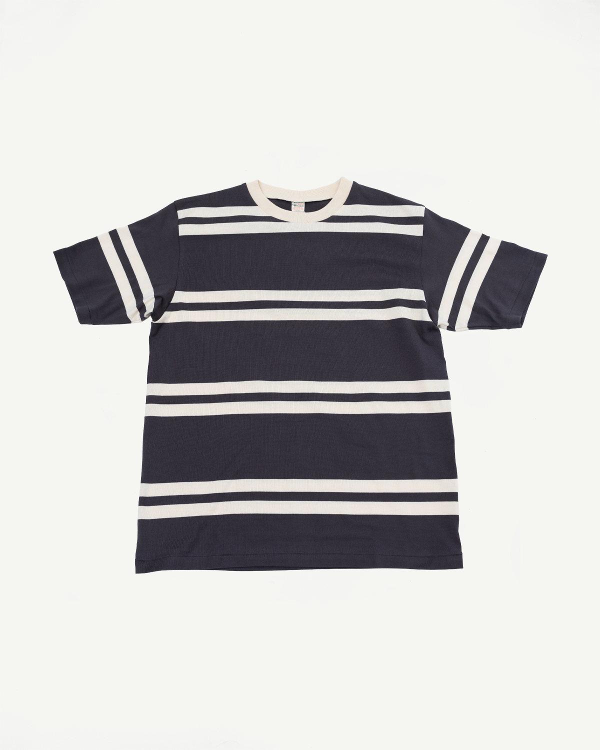 Front flat lay of navy and cream striped short-sleeve t-shirt with ribbed texture and crew neck.