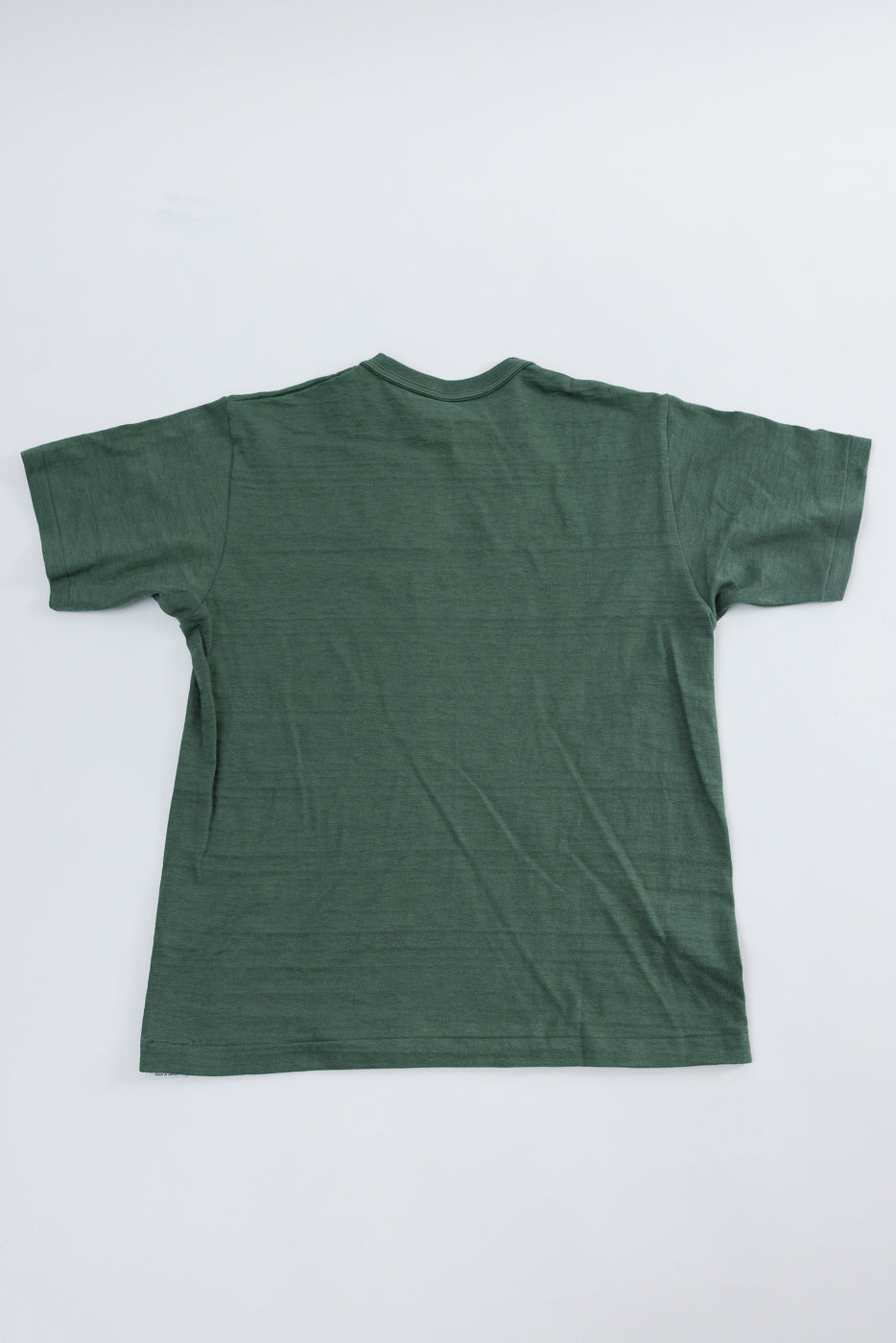 Flat lay of green slubby cotton t-shirt showing back view, short sleeves, crew neck.