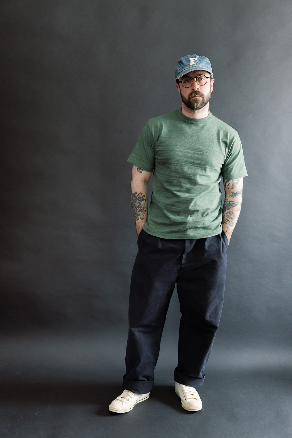 Full body front view of male model 5'9