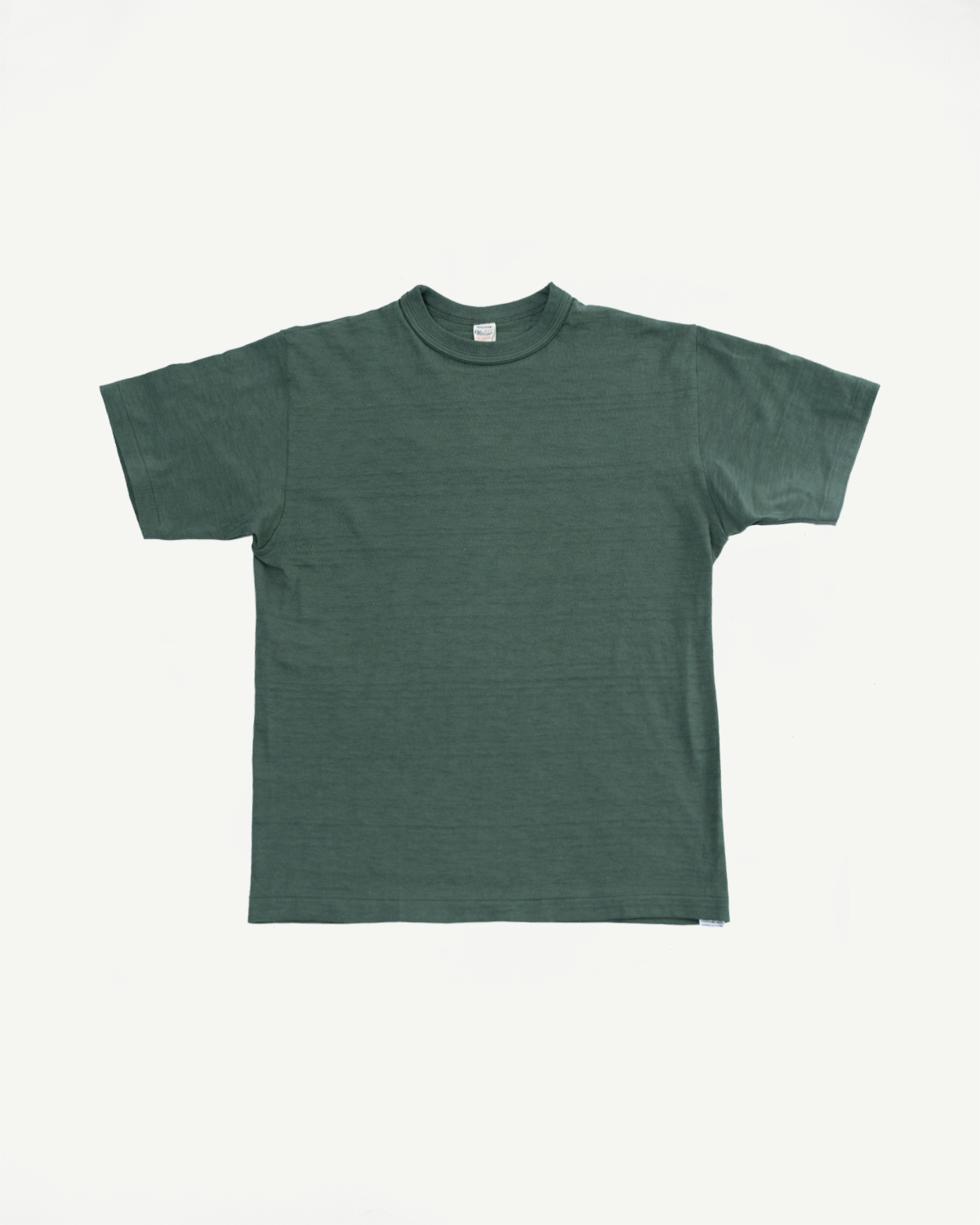 Flat lay front view of green slubby cotton T-shirt, short sleeves, textured fabric.