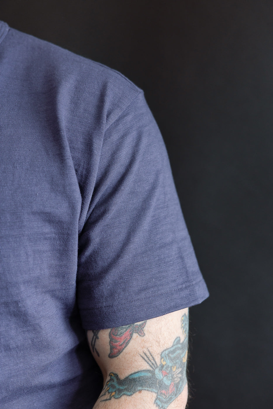 Close-up of male model's right arm and sleeve in heather eggplant slubby cotton T-shirt, showing fabric texture