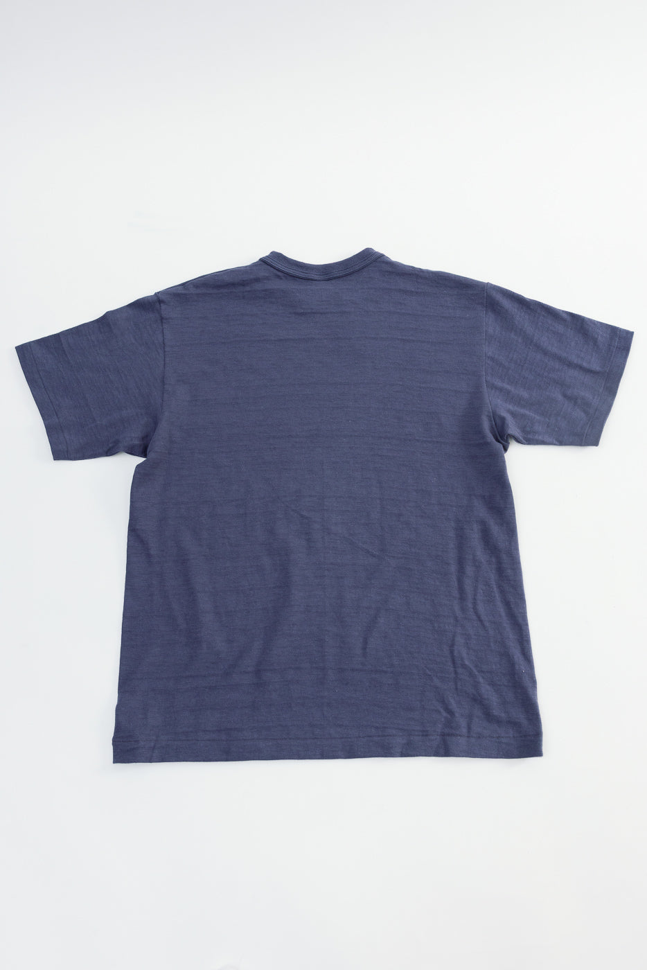 Flat lay of heather eggplant slubby cotton t-shirt, back view, showing short sleeves and straight hem.