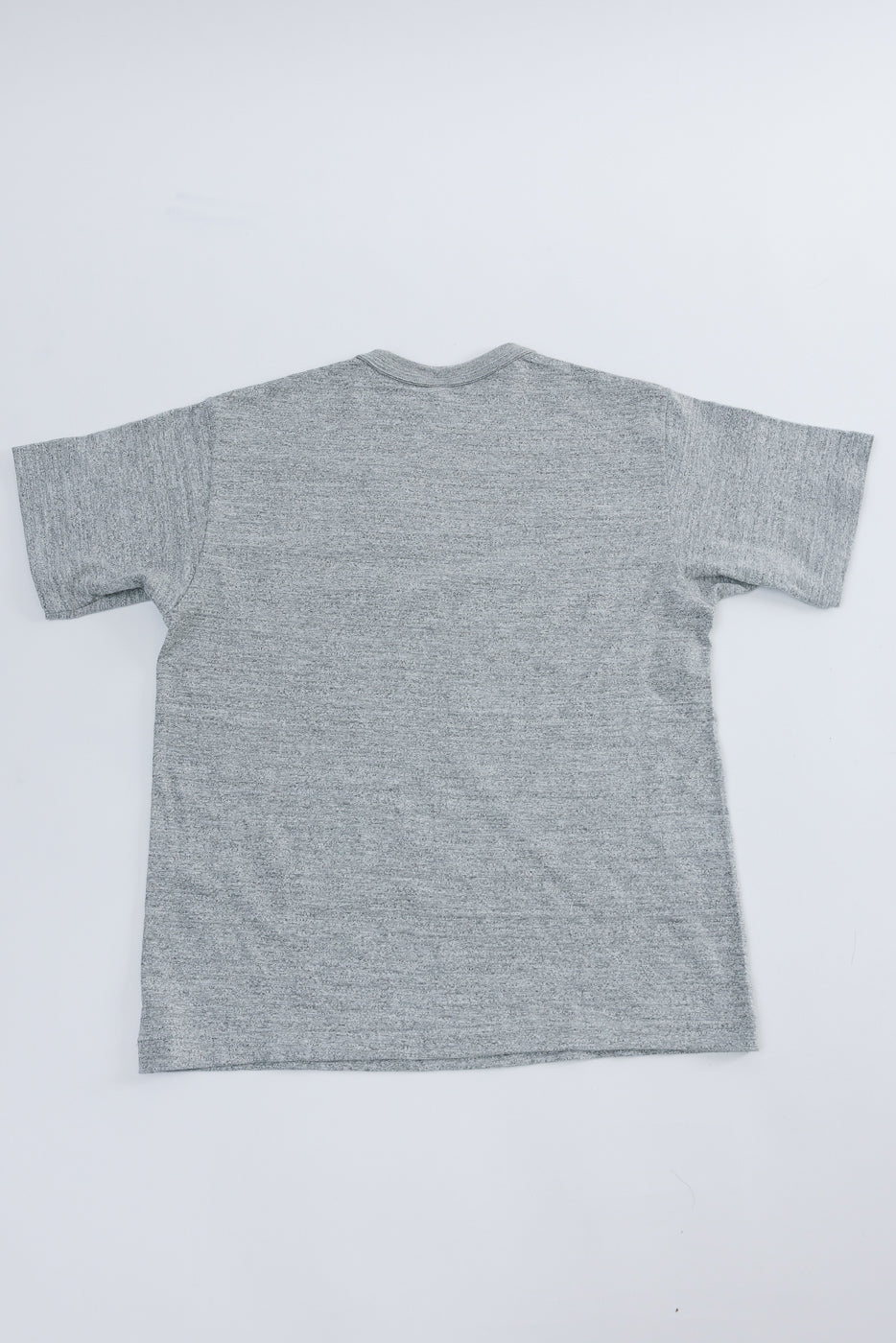 Flat lay of slubby cotton heather grey t-shirt, back view, shows short sleeves and crew neck.