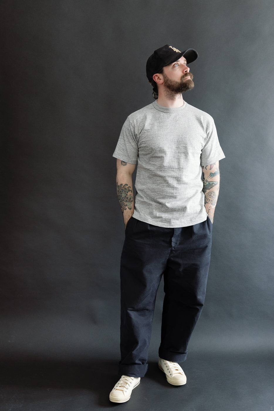 Full body front view of male model, 5'9