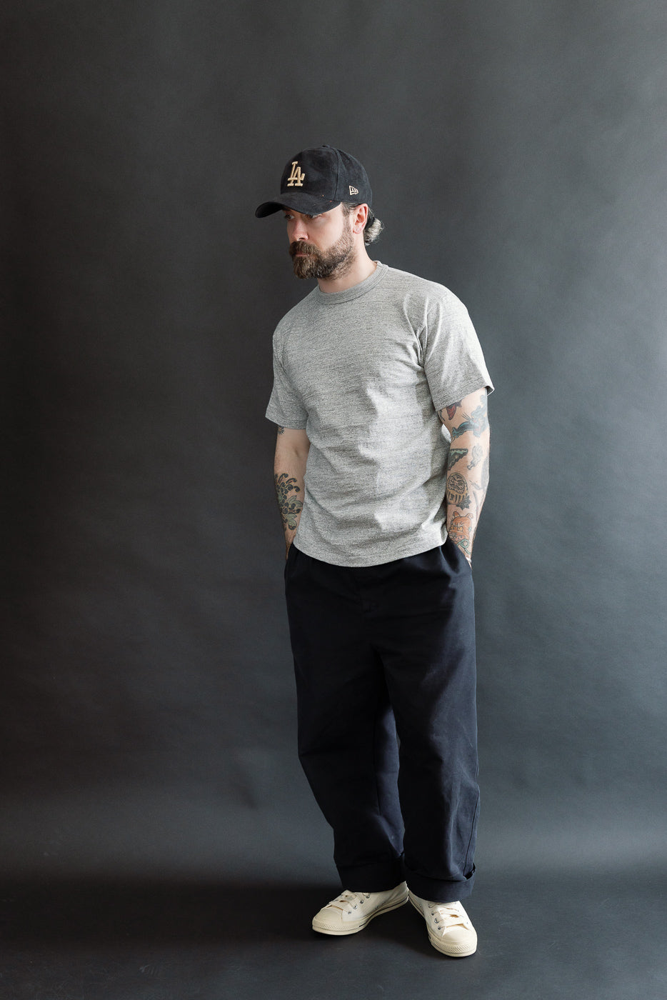 Full body front view of male model 5'9