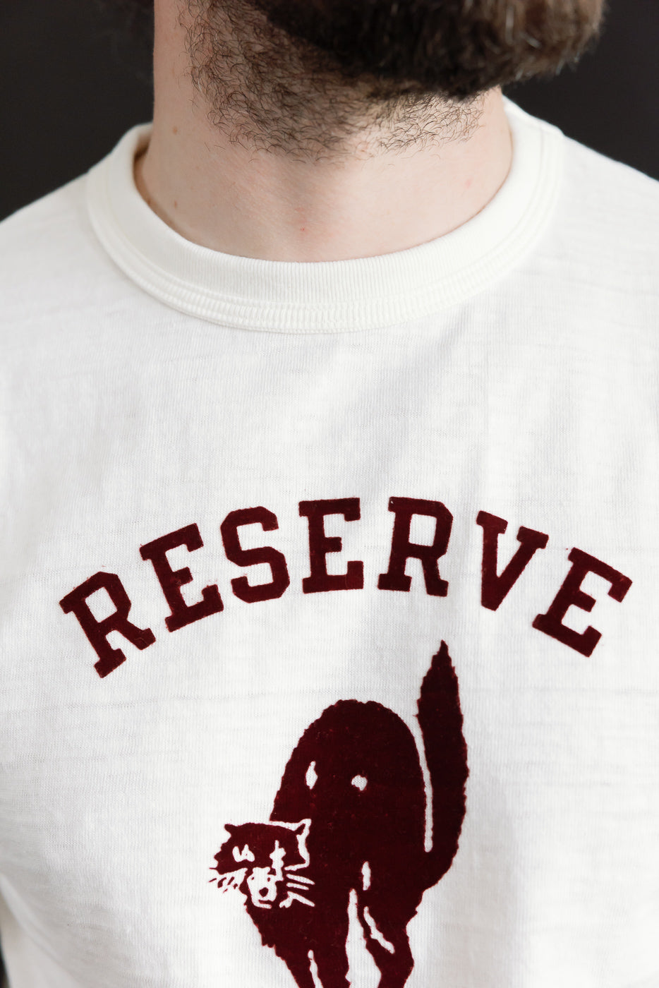 Close-up of male model wearing off-white Warehouse & Co. Lot 4601 t-shirt front, showing ribbed collar and RESERVE cat graphic. Model is 5'9