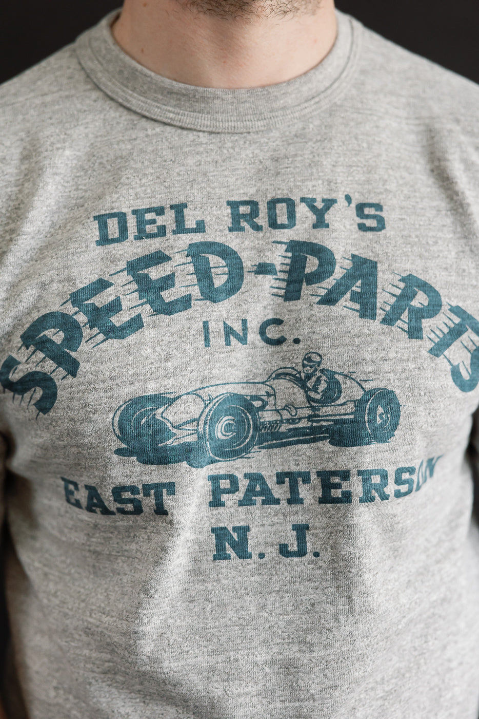 Close-up front of Warehouse & Co. Lot 4601 slubby heather cotton t-shirt on male model, 5'9