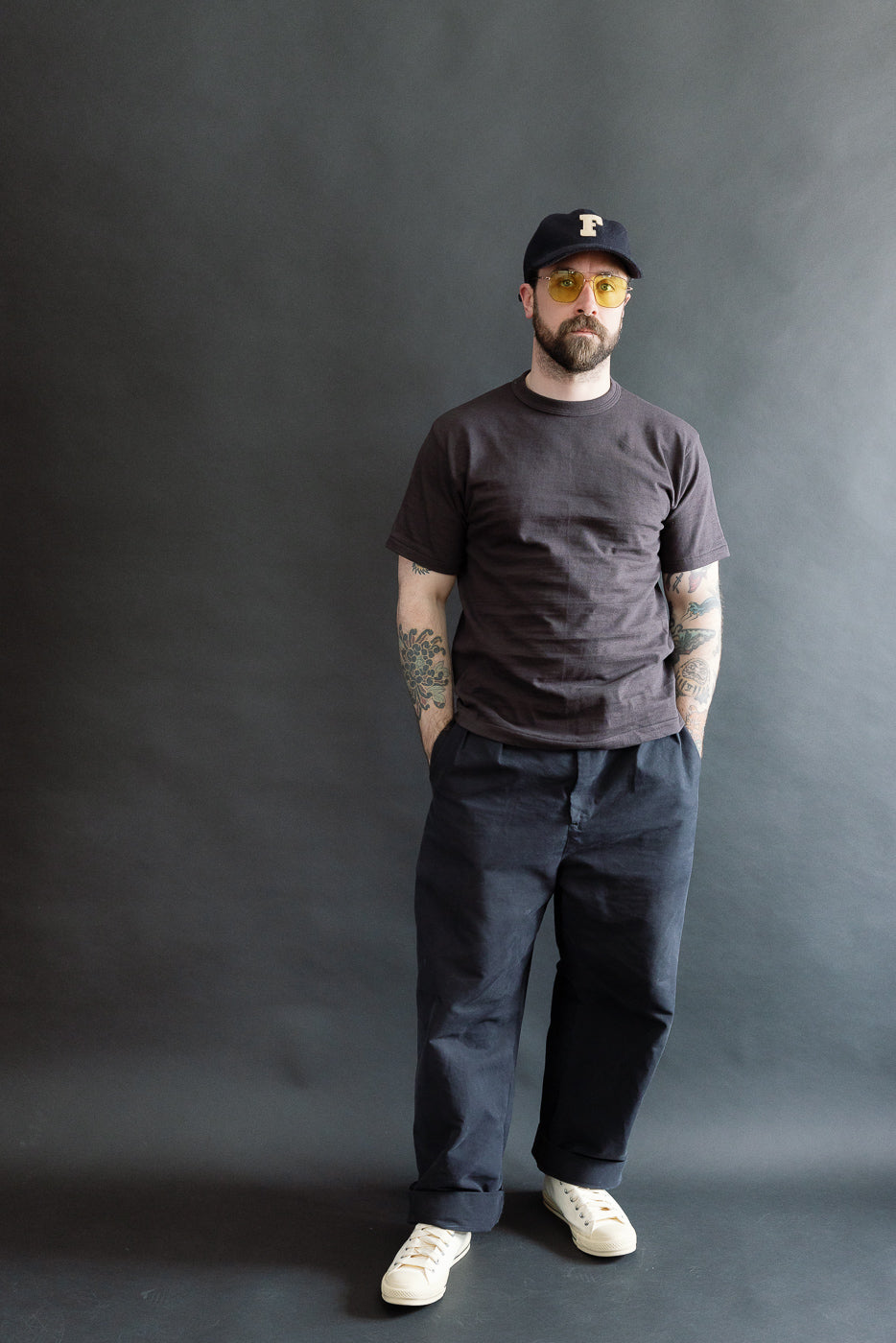 Full body front view of male model 5'9