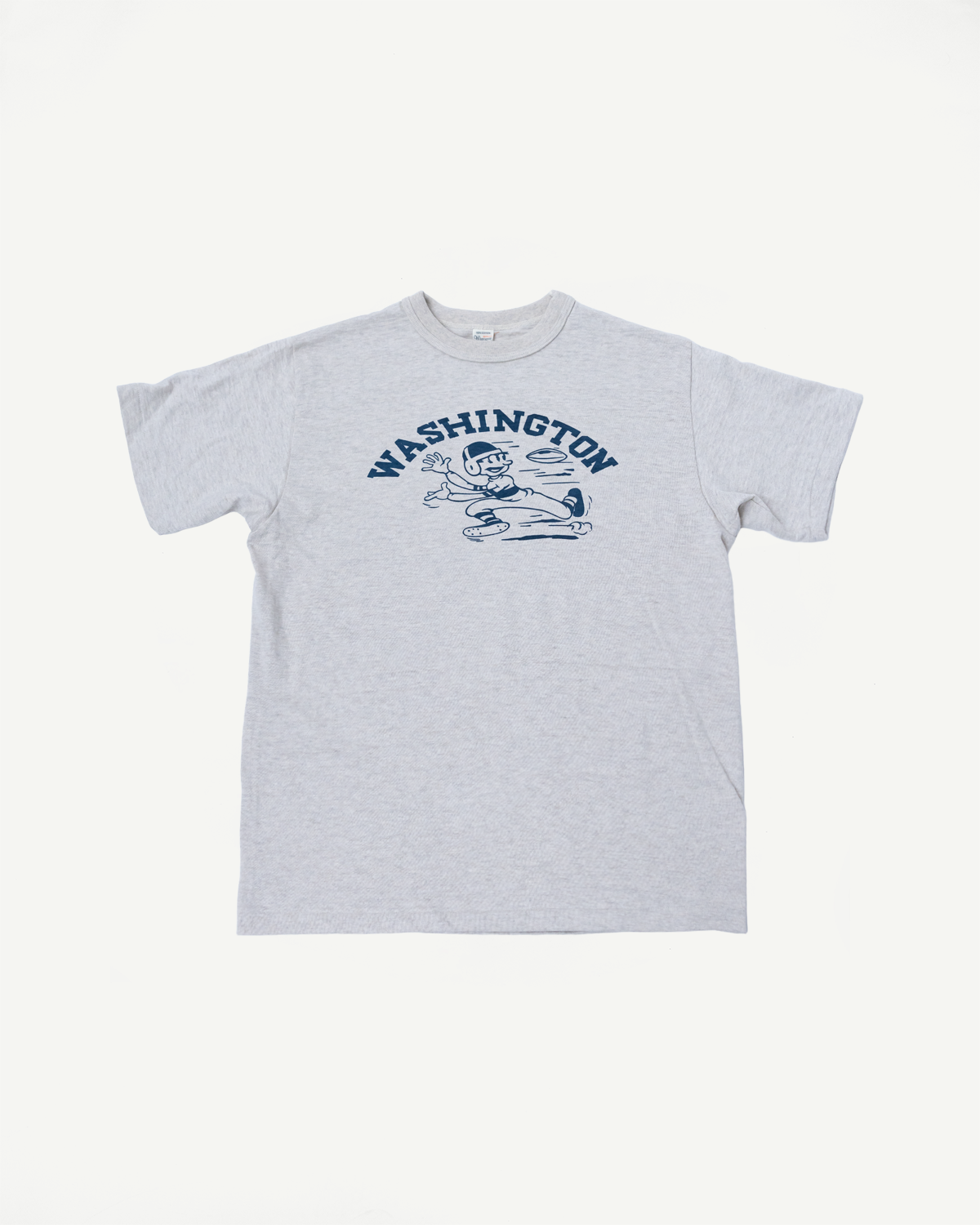 Front view flat lay of slubby oatmeal cotton t-shirt with Washington graphic print, Dant