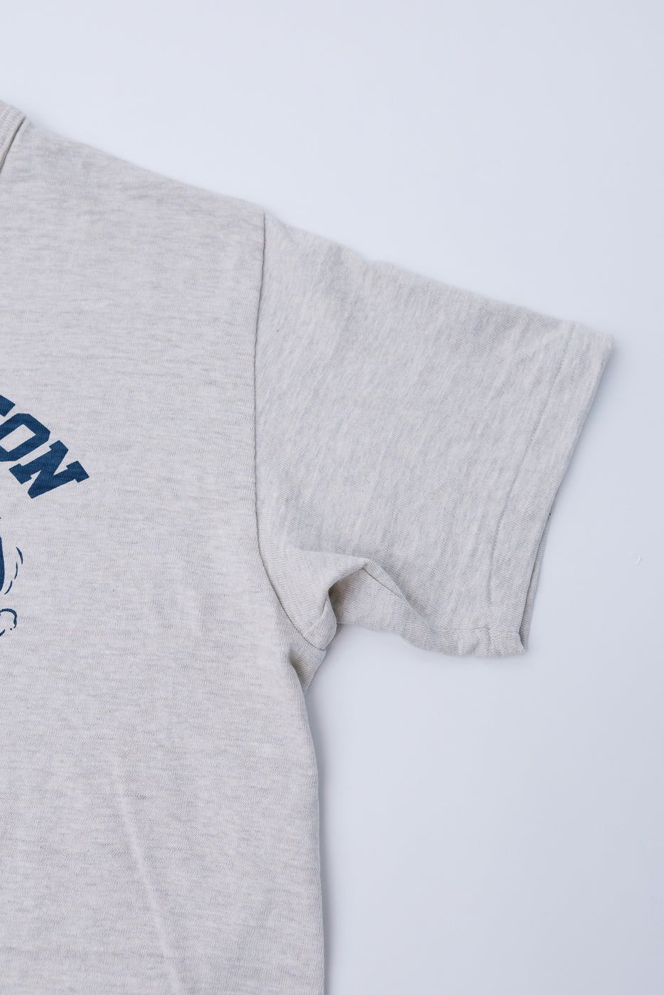 Close-up of Warehouse & Co Slubby Cotton T-Shirt, front left sleeve, oatmeal color, textured fabric