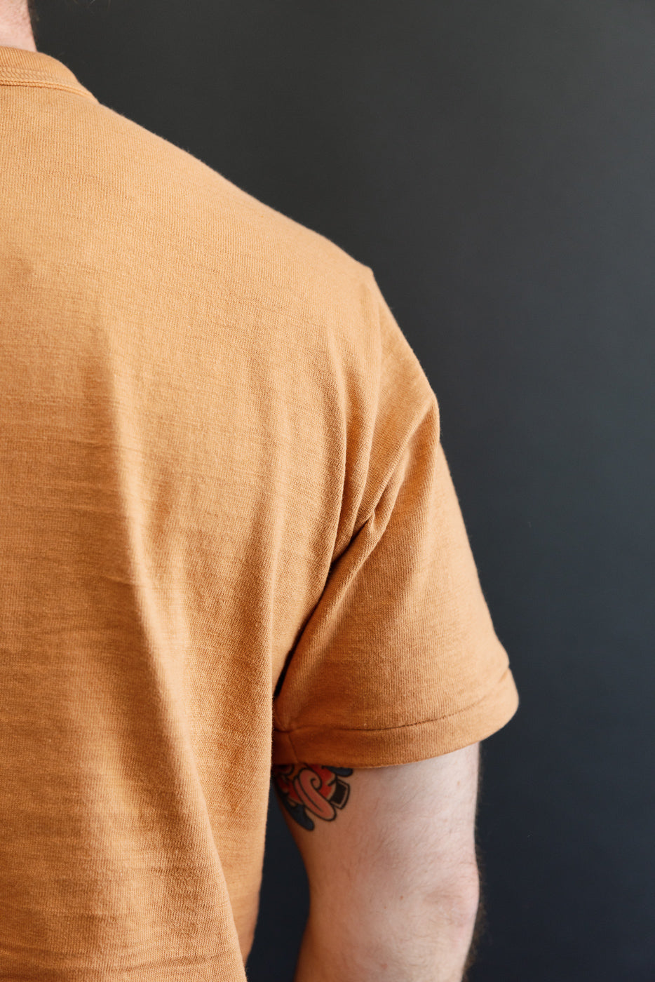 Close-up back view of a male model wearing an ochre short-sleeve t-shirt showing fabric texture.