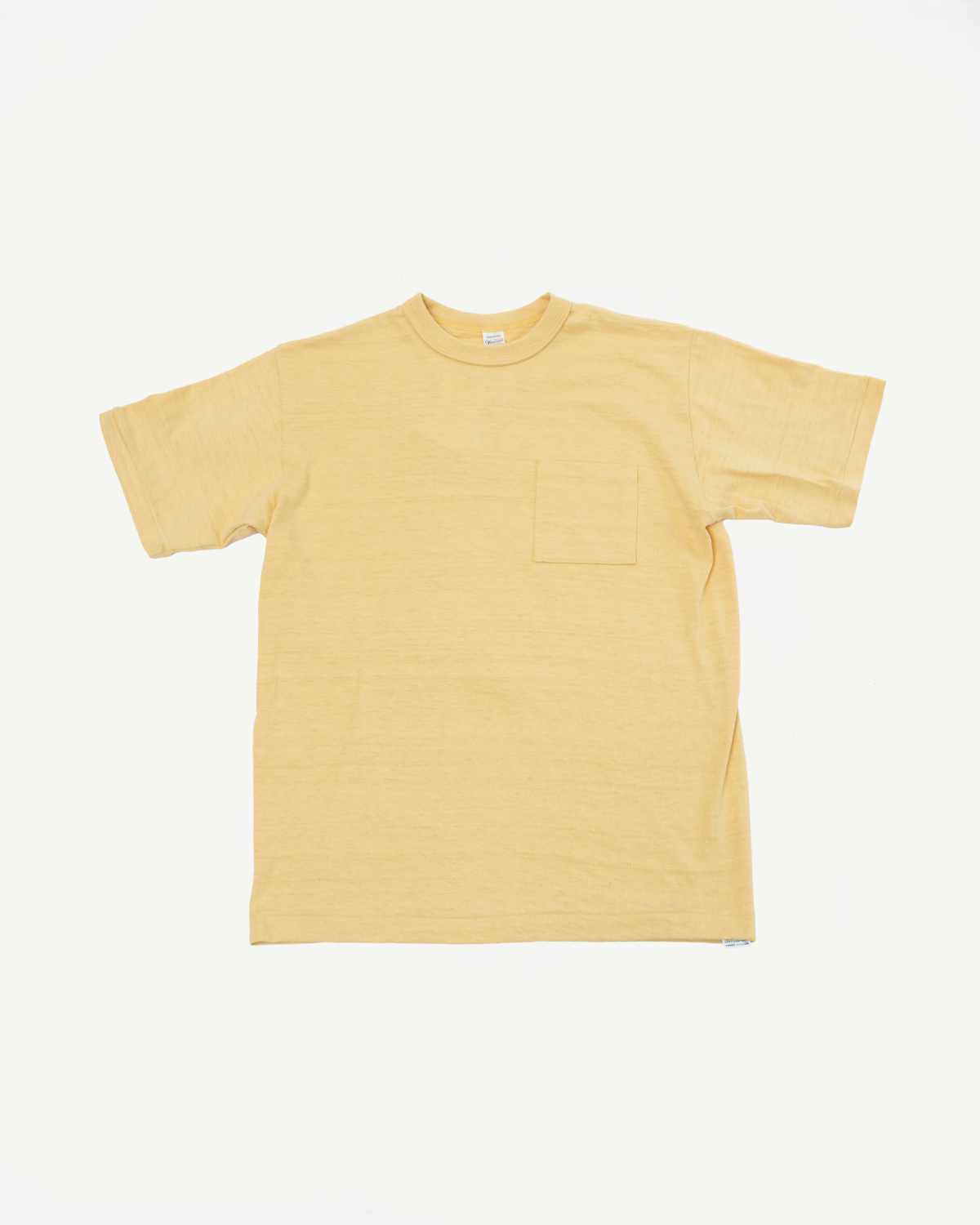 Full body front view of a yellow short sleeve pocket t-shirt flat lay.