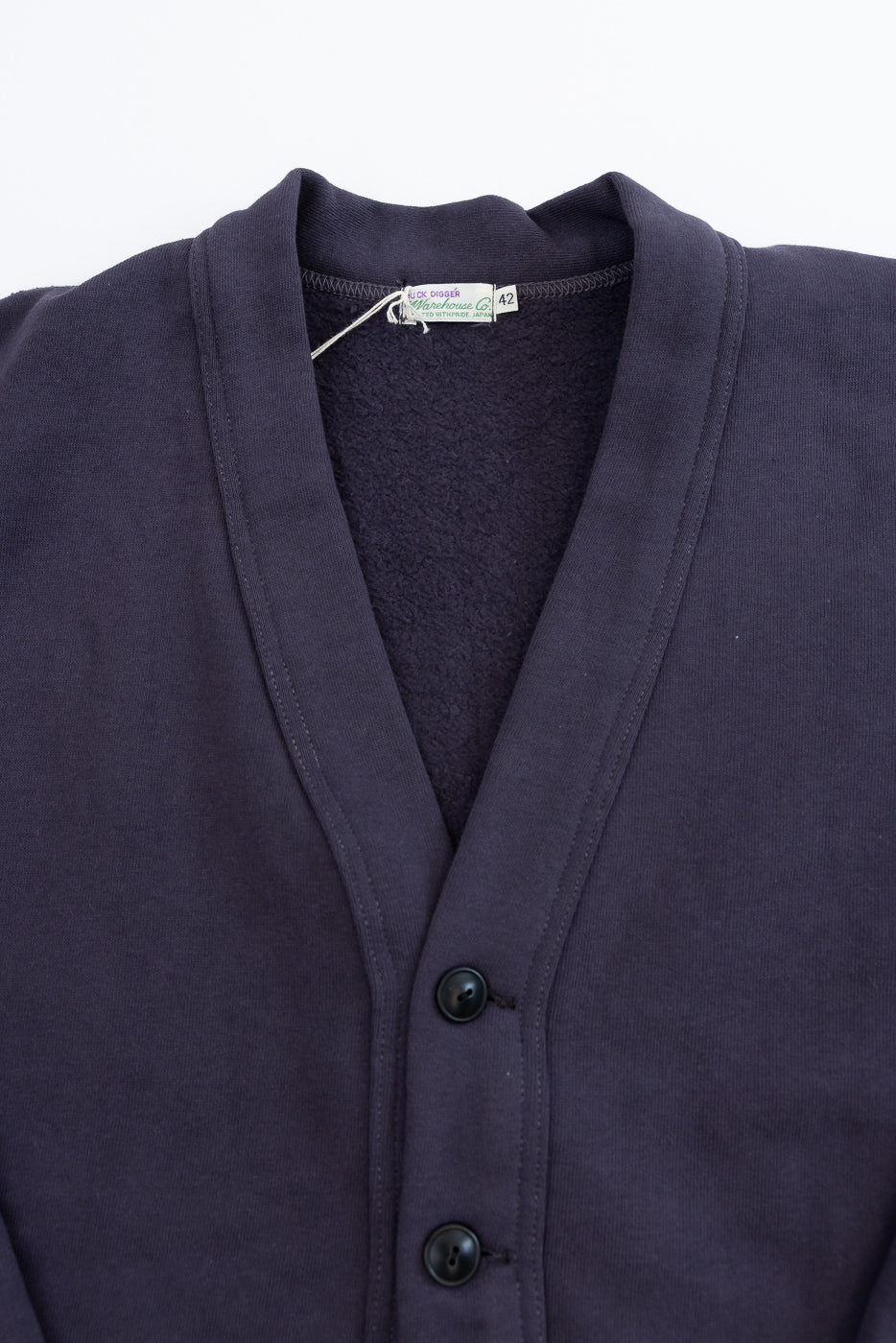 Close-up of dark navy sweat cardigan front, showing v-neck, buttons, and fabric texture.