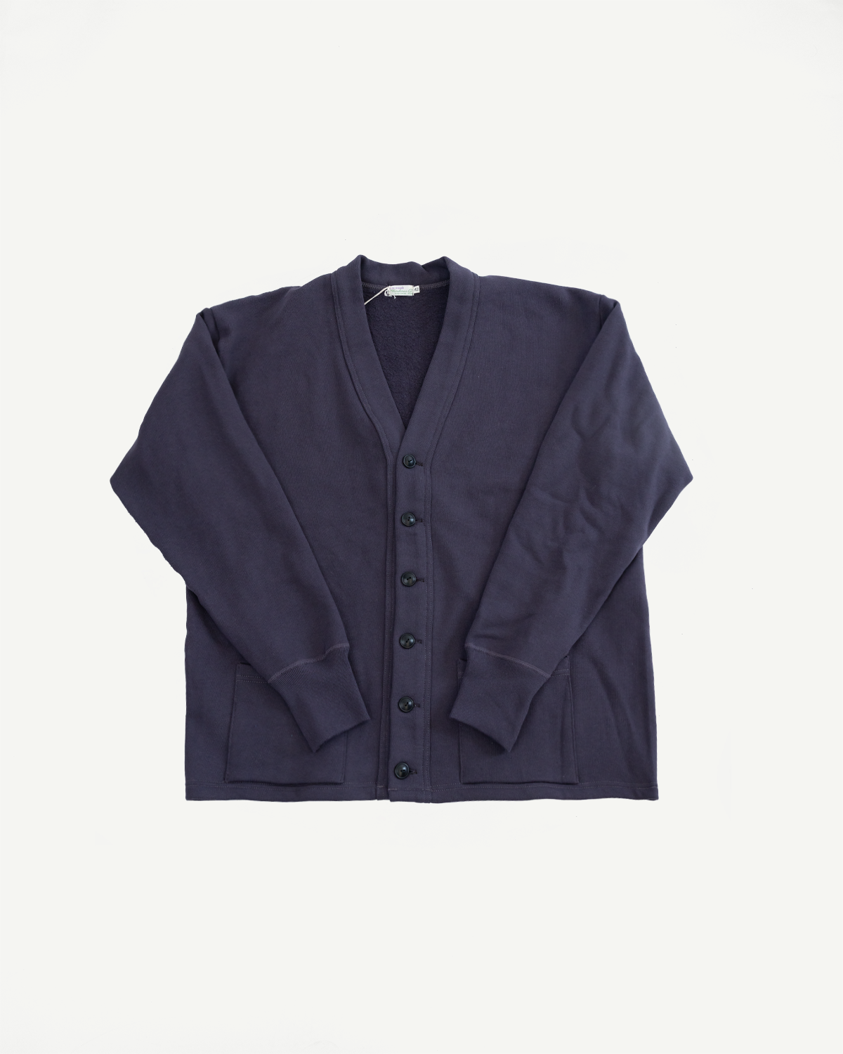Flat lay front view of dark navy men's button-up sweat cardigan with ribbed cuffs and pockets.