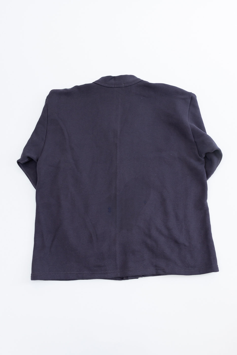 Flat lay of dark navy sweatshirt cardigan, back view showing collar and sleeve details