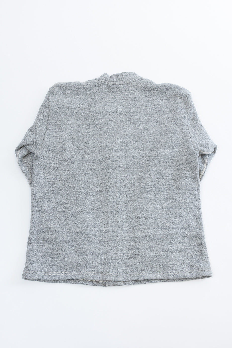 Flat lay of heather grey sweat cardigan, back view, showing fabric and seam details.