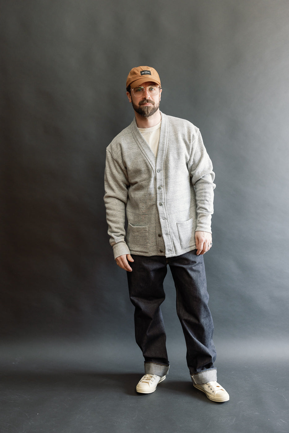 Full body front view of male model 5'9
