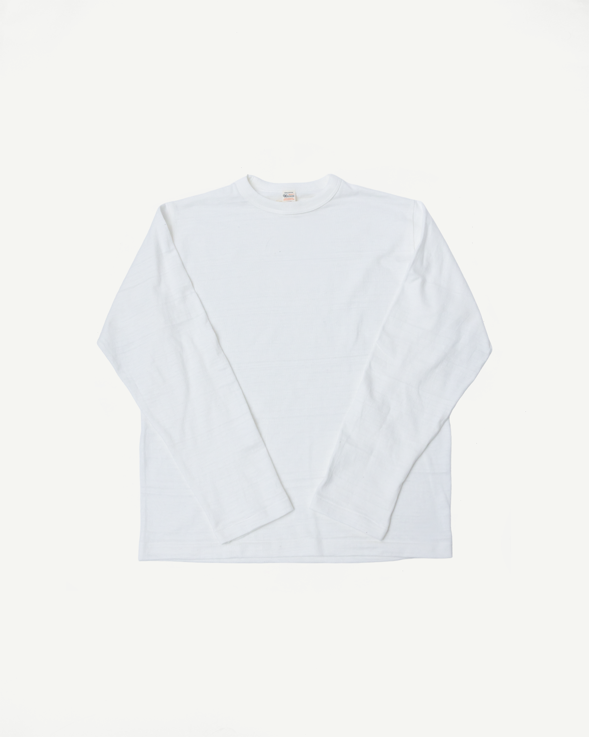 Flat lay front view of off-white Warehouse & Co slubby cotton long sleeve t-shirt