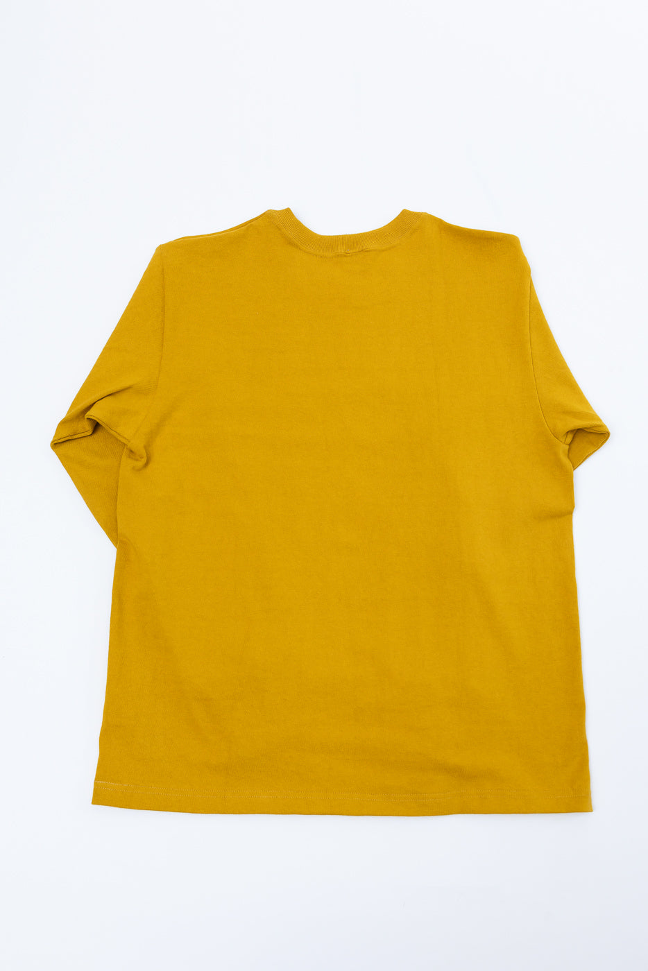 Back view flat lay of a mustard yellow long sleeve t-shirt.