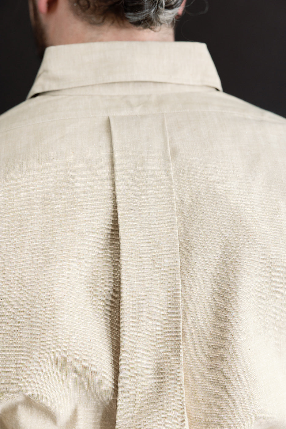 Close-up of male model’s back wearing oxford brown shirt, showing rear pleat and collar detail.