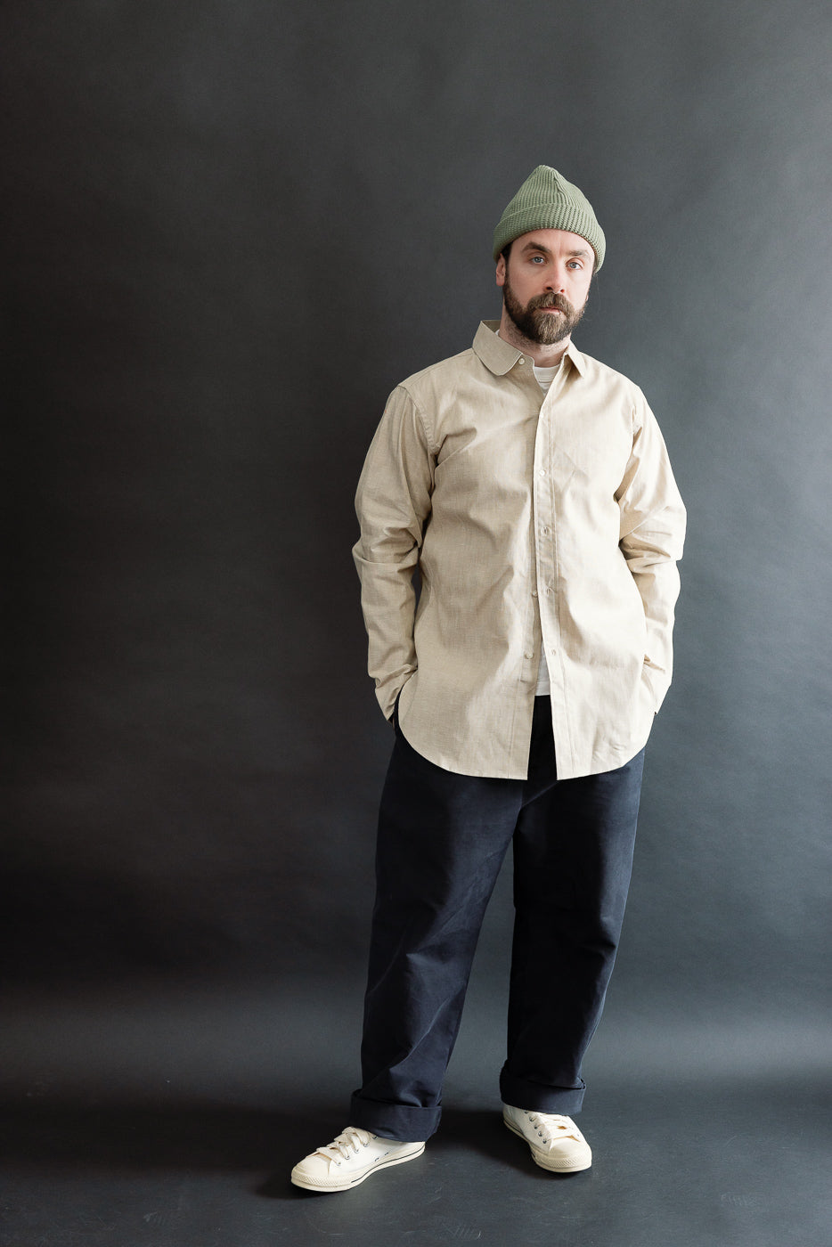 Full body front view of male model 5'9