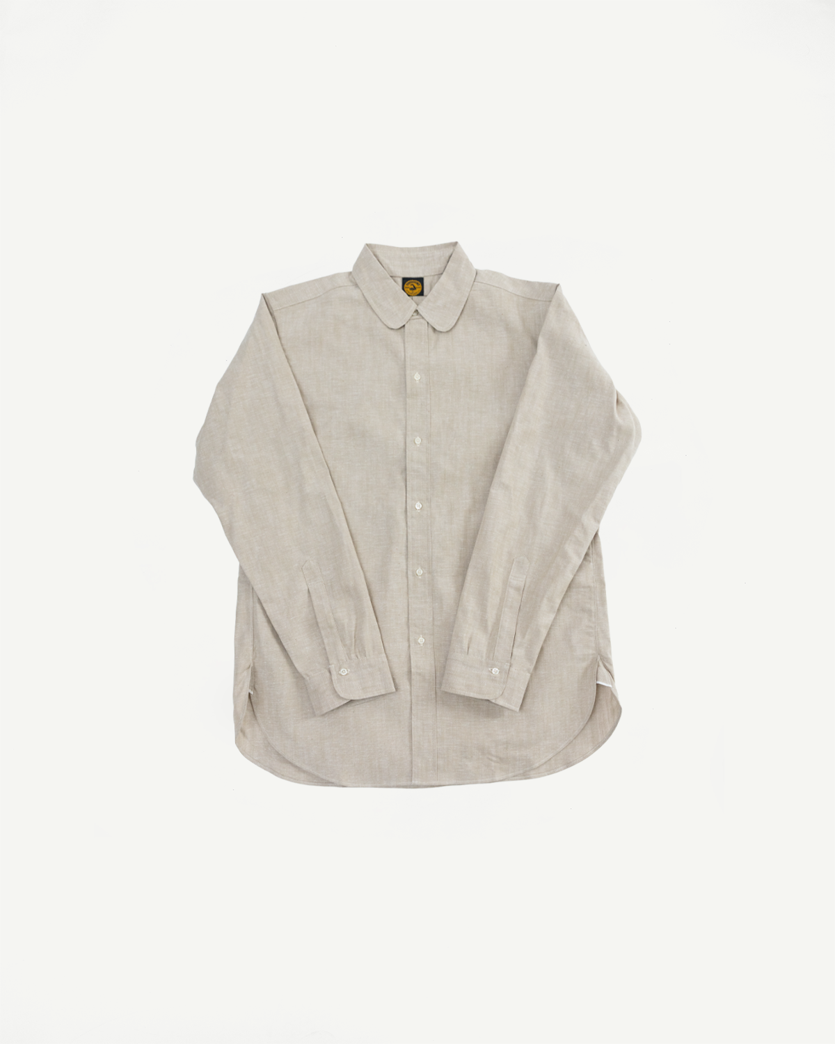 Flat lay front view of an oxford brown men's shirt, showing rounded collar, button front, and long sleeves.
